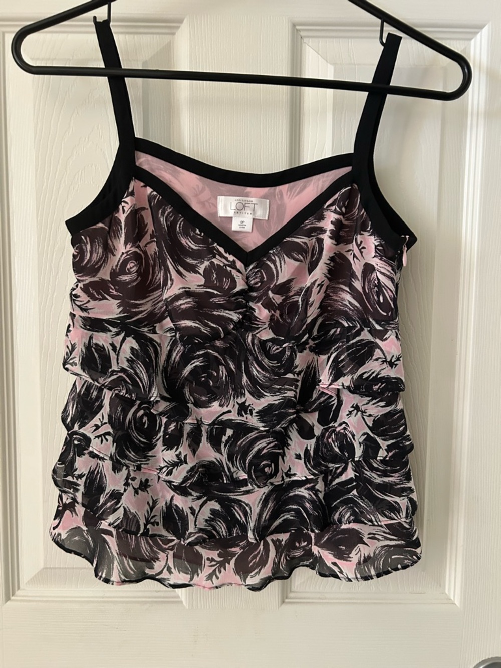 LOFT Pink and Black Floral Ruffled Camisole
